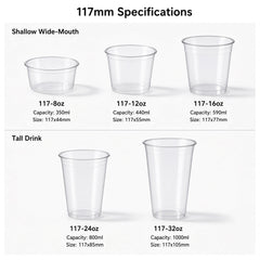 117mm PET Cups — Wide Parfait & Large Drink Sizes (8oz–32oz)