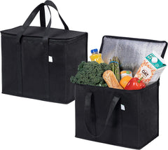 Black 2 Pack Insulated Reusable Grocery Shopping Bag Food Delivery, Cooler Bag, Heavy Duty, Large Size, Durable Handles, Dual Tab Zips, Lid, Stands Upright, Collapsible, Sustainable