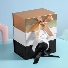 Gold Gift Box Empty 22x16x8.8 cm Cardboard,Empty Large Gift Box for Women Surprise,Gift Card Boxes with Ribbons Foldable for Christmas Valentines Wedding