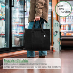 Black 2 Pack Insulated Reusable Grocery Shopping Bag Food Delivery, Cooler Bag, Heavy Duty, Large Size, Durable Handles, Dual Tab Zips, Lid, Stands Upright, Collapsible, Sustainable