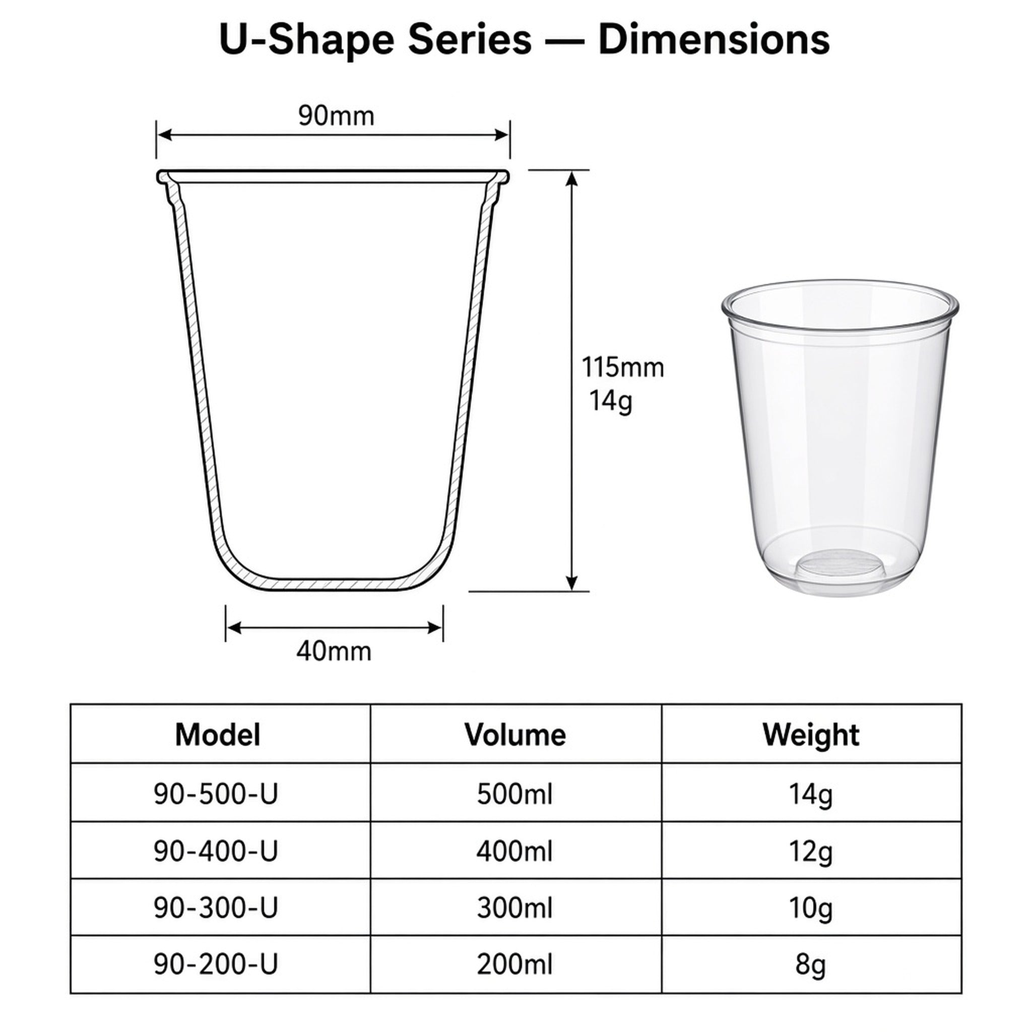 90mm U-Shape PET Cold Cups (90-300-U to 90-500-U)