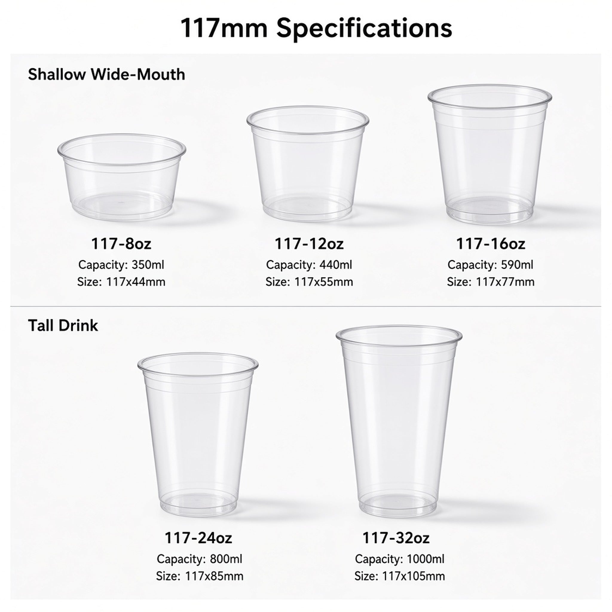 117mm PET Cups — Wide Parfait & Large Drink Sizes (8oz–32oz)