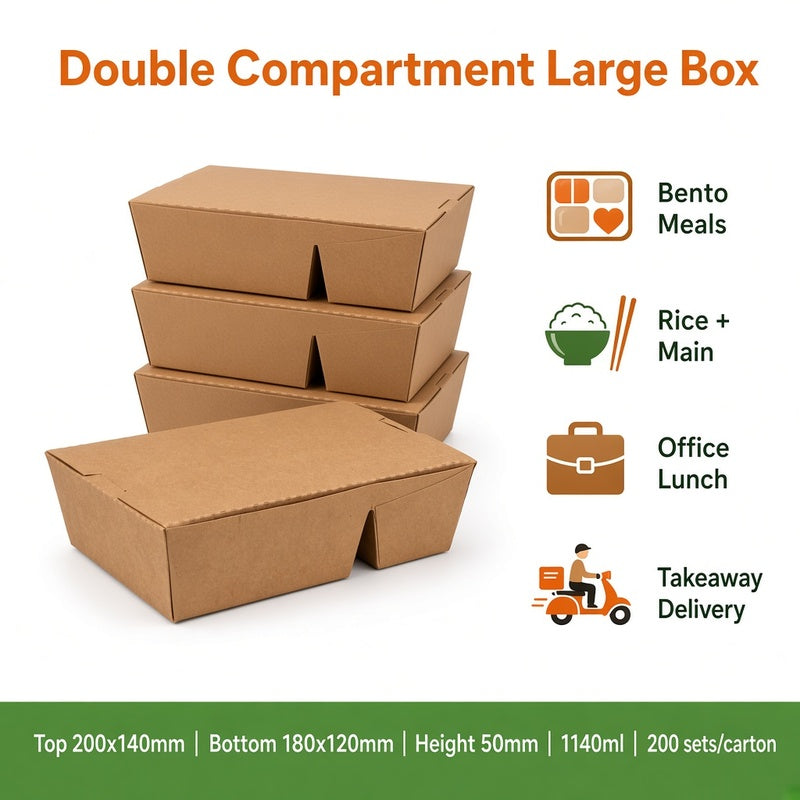 Two-Compartment Large Right-Angle Kraft Lunch Box — 1140ml