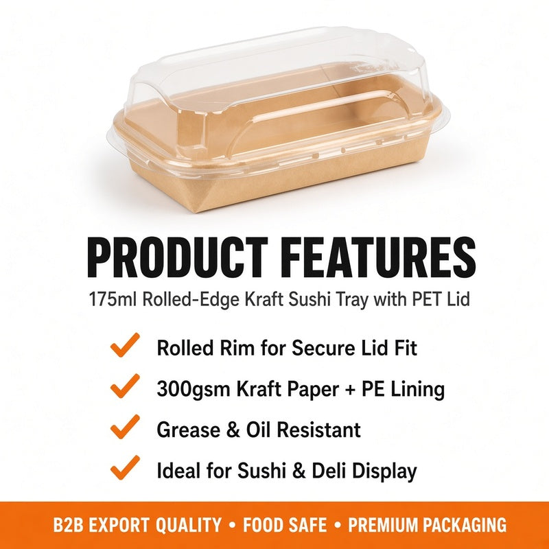Rolled-Edge Kraft Sushi Tray Series with PET Lids