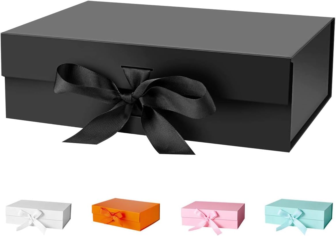Gold Gift Box Empty 22x16x8.8 cm Cardboard,Empty Large Gift Box for Women Surprise,Gift Card Boxes with Ribbons Foldable for Christmas Valentines Wedding