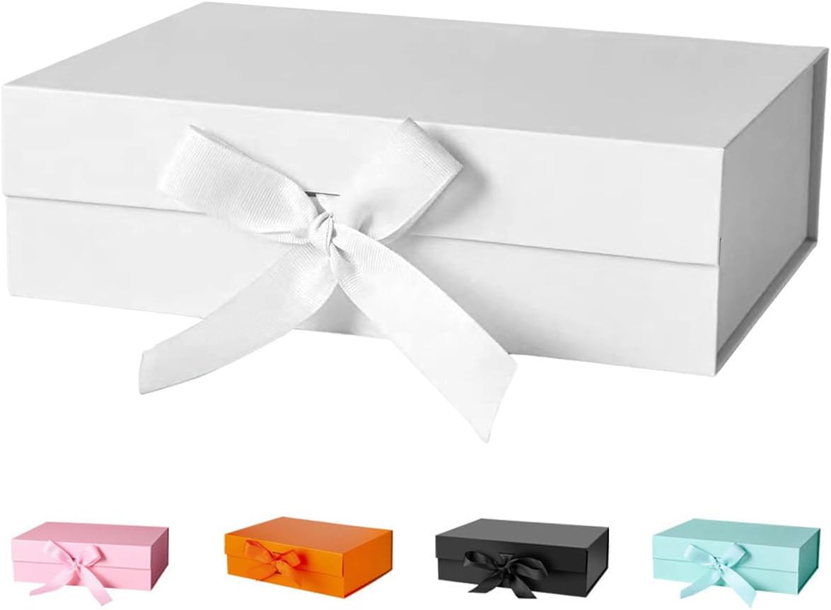 Gold Gift Box Empty 22x16x8.8 cm Cardboard,Empty Large Gift Box for Women Surprise,Gift Card Boxes with Ribbons Foldable for Christmas Valentines Wedding
