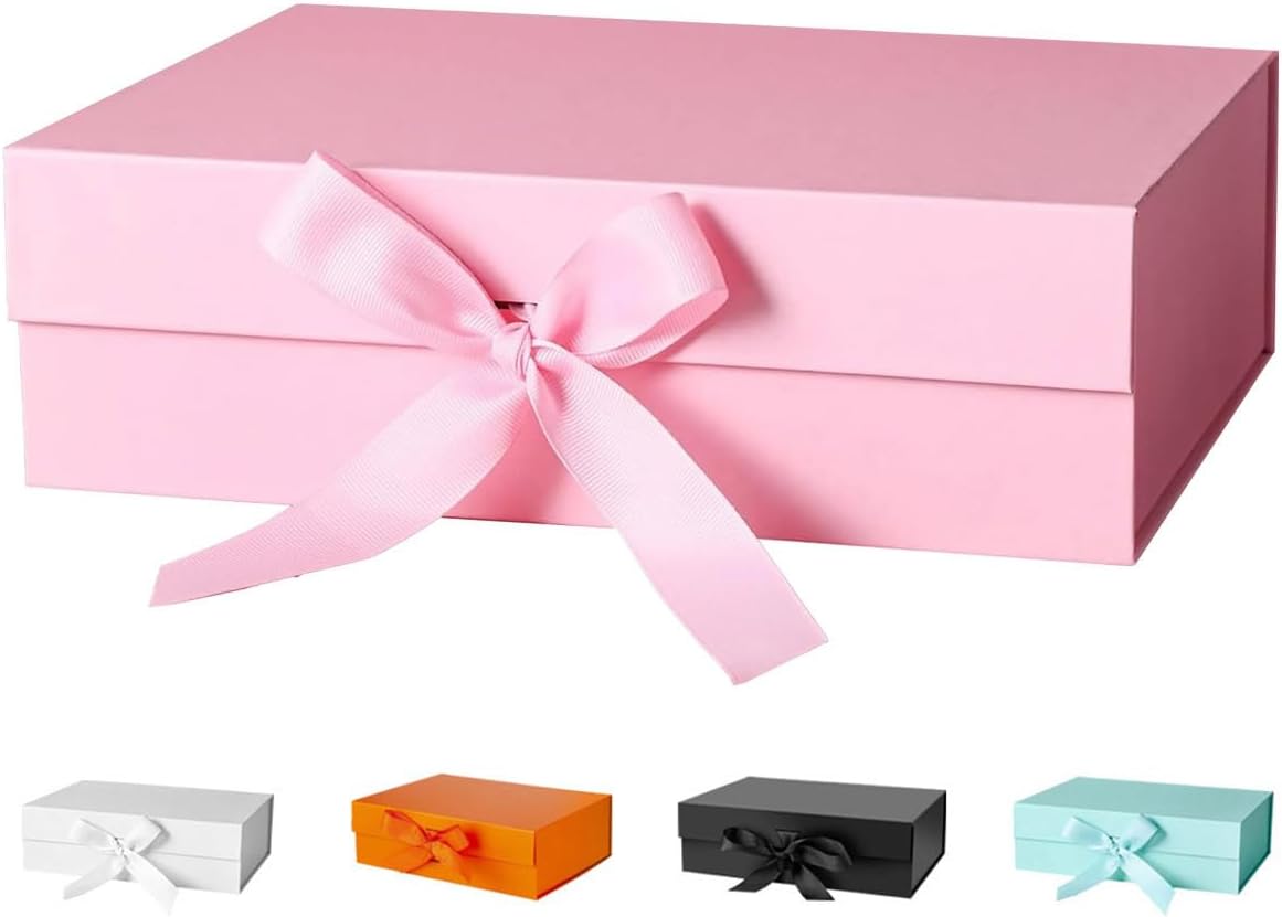 Gold Gift Box Empty 22x16x8.8 cm Cardboard,Empty Large Gift Box for Women Surprise,Gift Card Boxes with Ribbons Foldable for Christmas Valentines Wedding