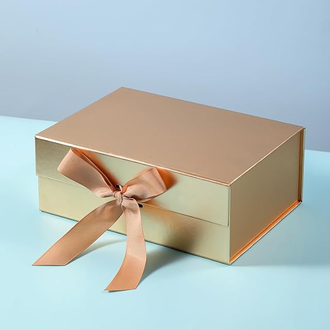 Gold Gift Box Empty 22x16x8.8 cm Cardboard,Empty Large Gift Box for Women Surprise,Gift Card Boxes with Ribbons Foldable for Christmas Valentines Wedding