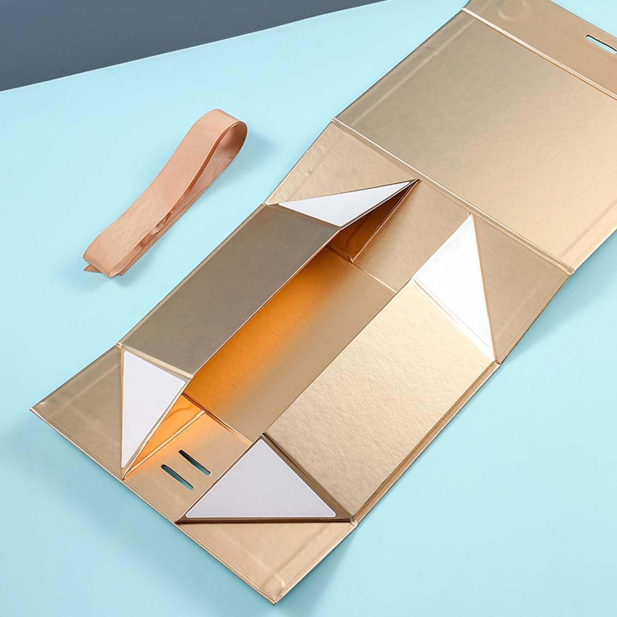 Gold Gift Box Empty 22x16x8.8 cm Cardboard,Empty Large Gift Box for Women Surprise,Gift Card Boxes with Ribbons Foldable for Christmas Valentines Wedding