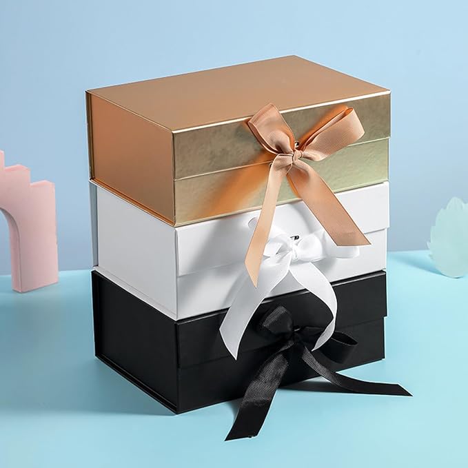 Gold Gift Box Empty 22x16x8.8 cm Cardboard,Empty Large Gift Box for Women Surprise,Gift Card Boxes with Ribbons Foldable for Christmas Valentines Wedding
