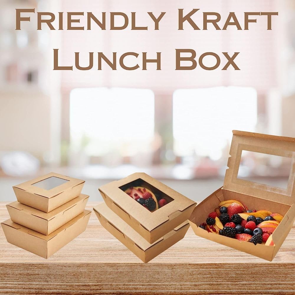 25 pack 15CM*21CM*6CM Kraft Lunch Box With Window Food Container Made With Craft Paper For Meals & Dessert, Food Container, Disposable, Eco-friendly, Cardboard,Paperbox Restaurants - Pack Of 25, Brown