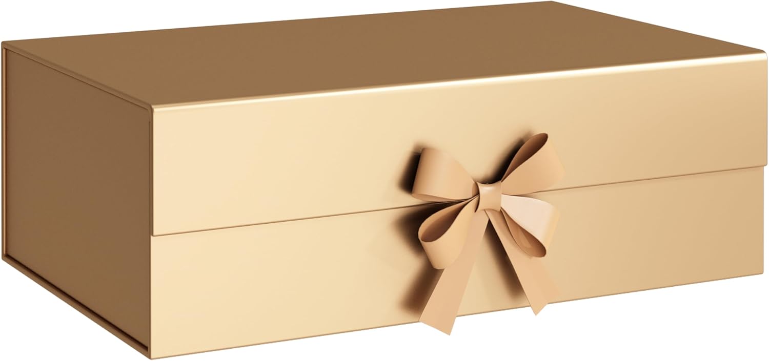 Gold Gift Box Empty 22x16x8.8 cm Cardboard,Empty Large Gift Box for Women Surprise,Gift Card Boxes with Ribbons Foldable for Christmas Valentines Wedding