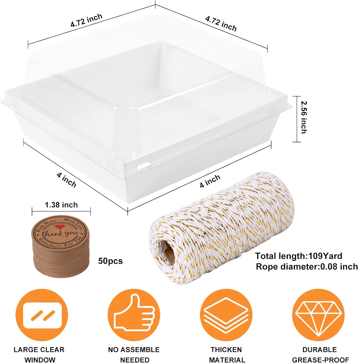 50 Pack Charcuterie Boxes with Clear Lids, 3 Inches White Oil-Proof Kraft Paper Food Containers Bakery Boxes for Sandwich, Cookies, Hot Cocoa, Cupcakes and Strawberries