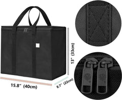 Black 2 Pack Insulated Reusable Grocery Shopping Bag Food Delivery, Cooler Bag, Heavy Duty, Large Size, Durable Handles, Dual Tab Zips, Lid, Stands Upright, Collapsible, Sustainable
