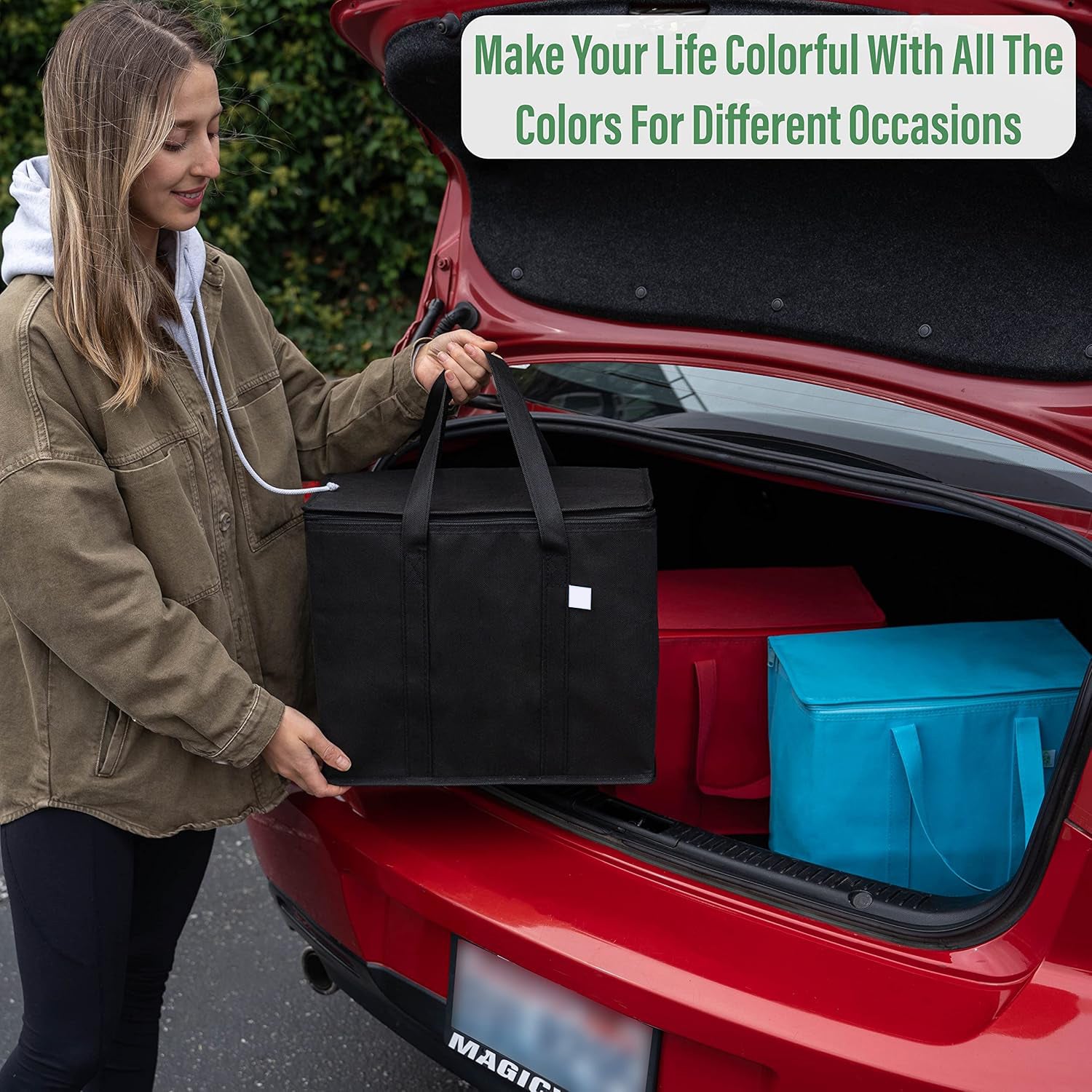Black 2 Pack Insulated Reusable Grocery Shopping Bag Food Delivery, Cooler Bag, Heavy Duty, Large Size, Durable Handles, Dual Tab Zips, Lid, Stands Upright, Collapsible, Sustainable