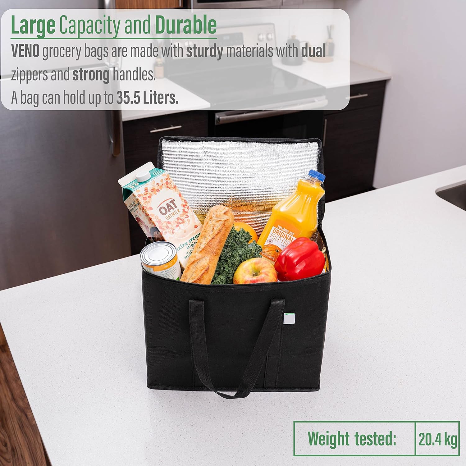 Black 2 Pack Insulated Reusable Grocery Shopping Bag Food Delivery, Cooler Bag, Heavy Duty, Large Size, Durable Handles, Dual Tab Zips, Lid, Stands Upright, Collapsible, Sustainable