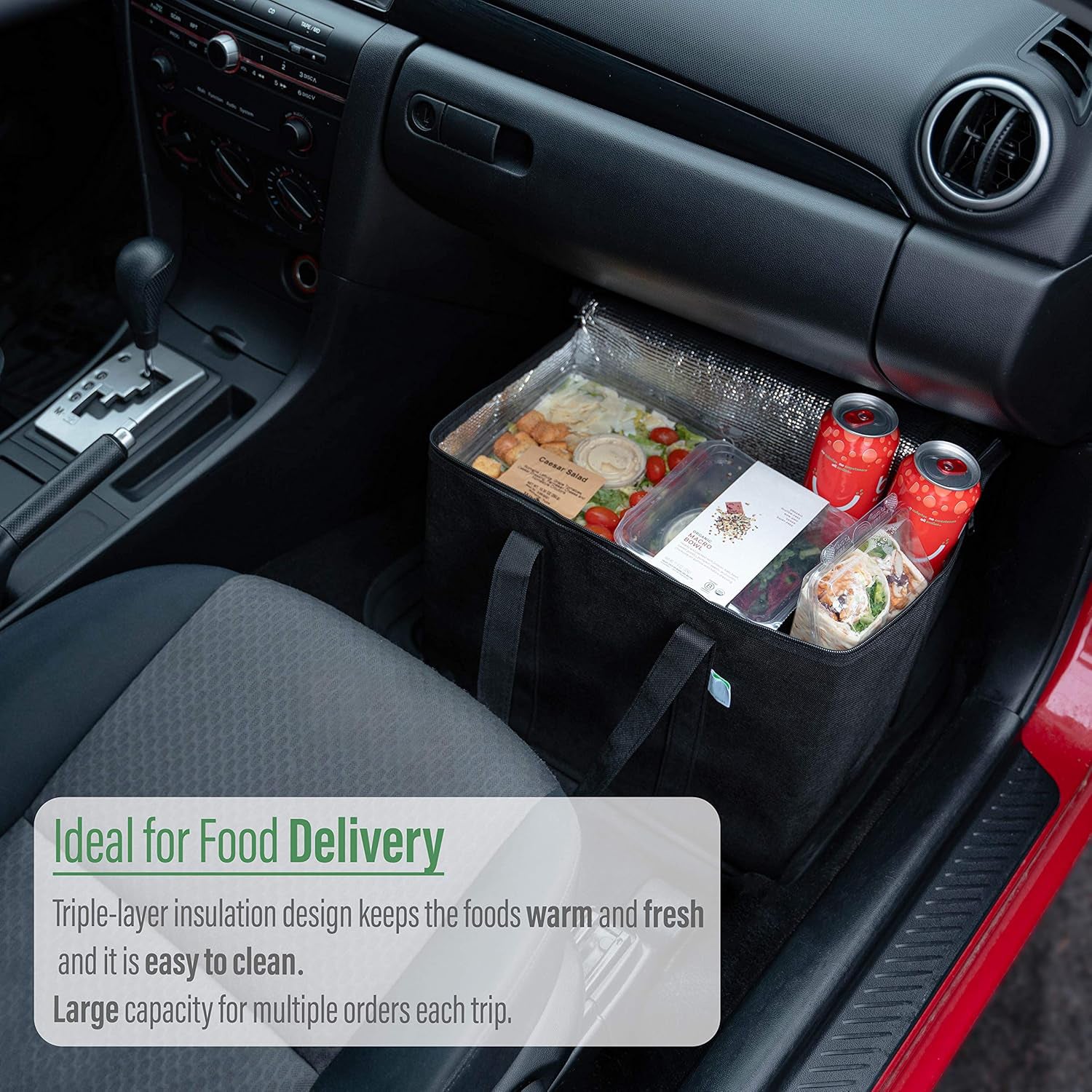 Black 2 Pack Insulated Reusable Grocery Shopping Bag Food Delivery, Cooler Bag, Heavy Duty, Large Size, Durable Handles, Dual Tab Zips, Lid, Stands Upright, Collapsible, Sustainable