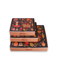 Custom-made black pizza boxes with a printed design