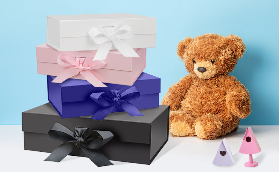 Gold Gift Box Empty 22x16x8.8 cm Cardboard,Empty Large Gift Box for Women Surprise,Gift Card Boxes with Ribbons Foldable for Christmas Valentines Wedding